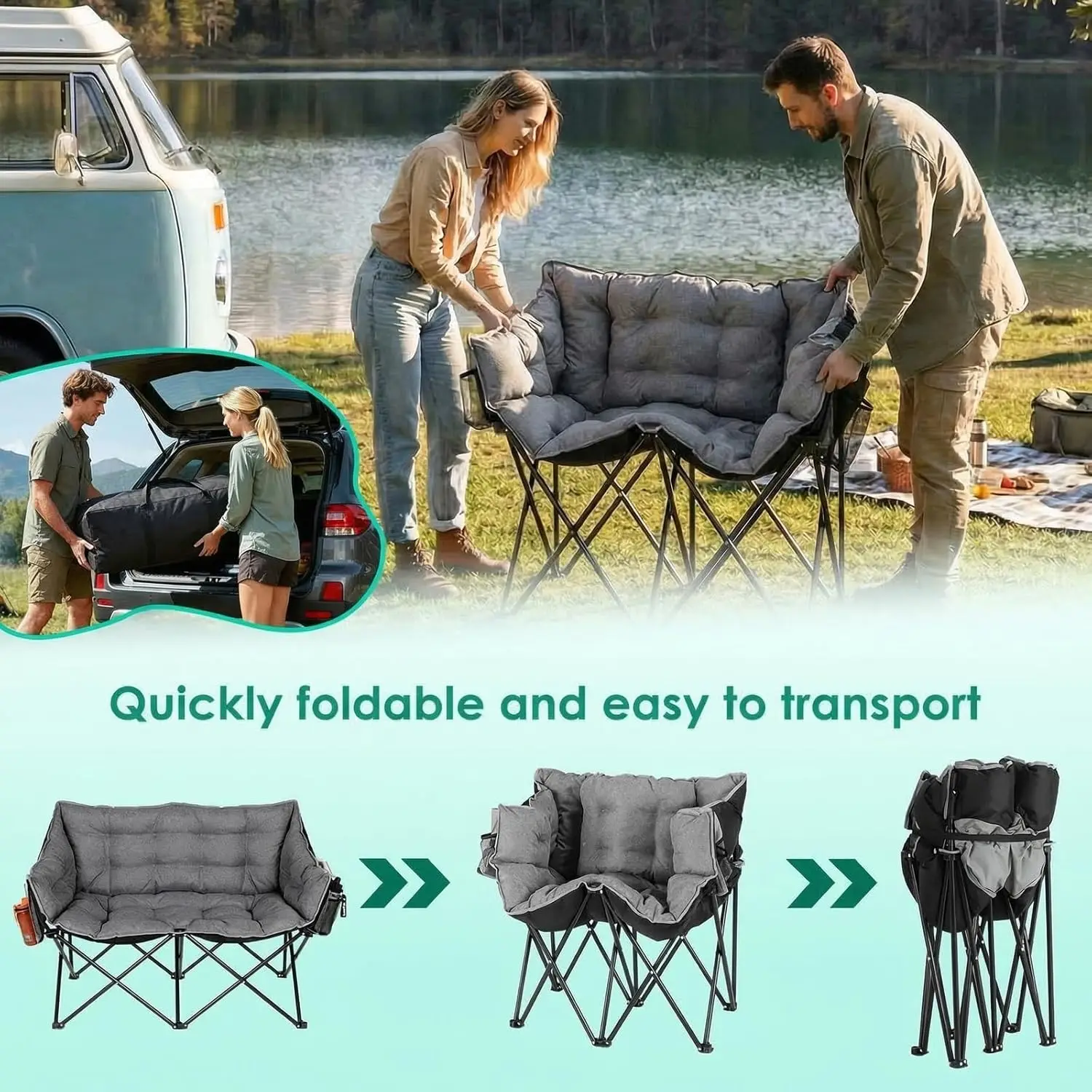 2-Personen Klappbarer Campingstuhl Loveseat 320kg Mondstuhl Rechteckiger Gepolsterter Campingsitz Übergroßer Doppel-Campingstuhl