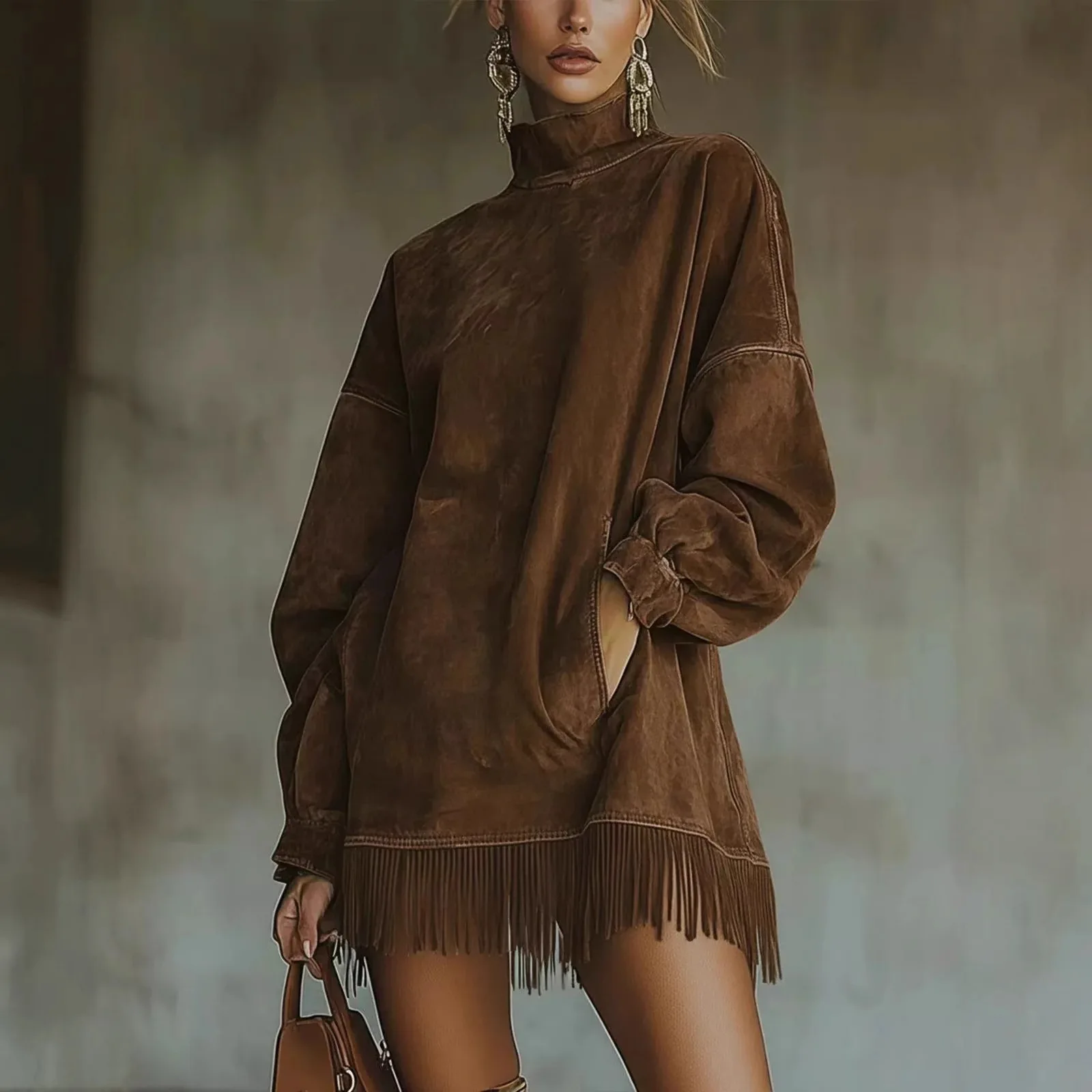 Women's 2026 Fall Winter Faux Suede Dress, High Neck Long Sleeve Loose  with Pockets & Tassel Hem, Retro Mini Dresses for