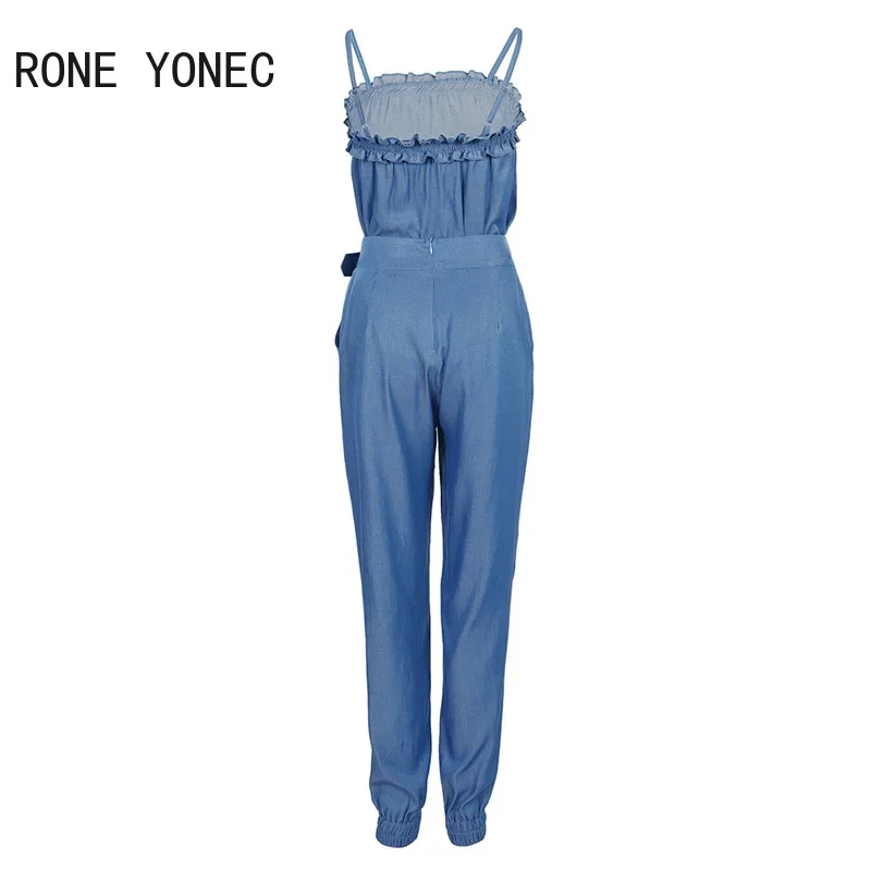 Women Solid Elegant Spaghetti Strap Edible Tree Fungus Sexy Cami Denim Pocket Pencil Pants Jumpsuit