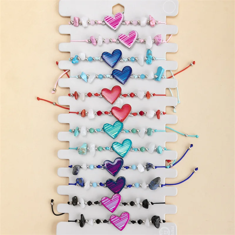 12pcs/set Colorful Heart Alloy Charms Bracelet For Women Men Taji Beaded Adjustable Rope Braided Bracelet Jewelry