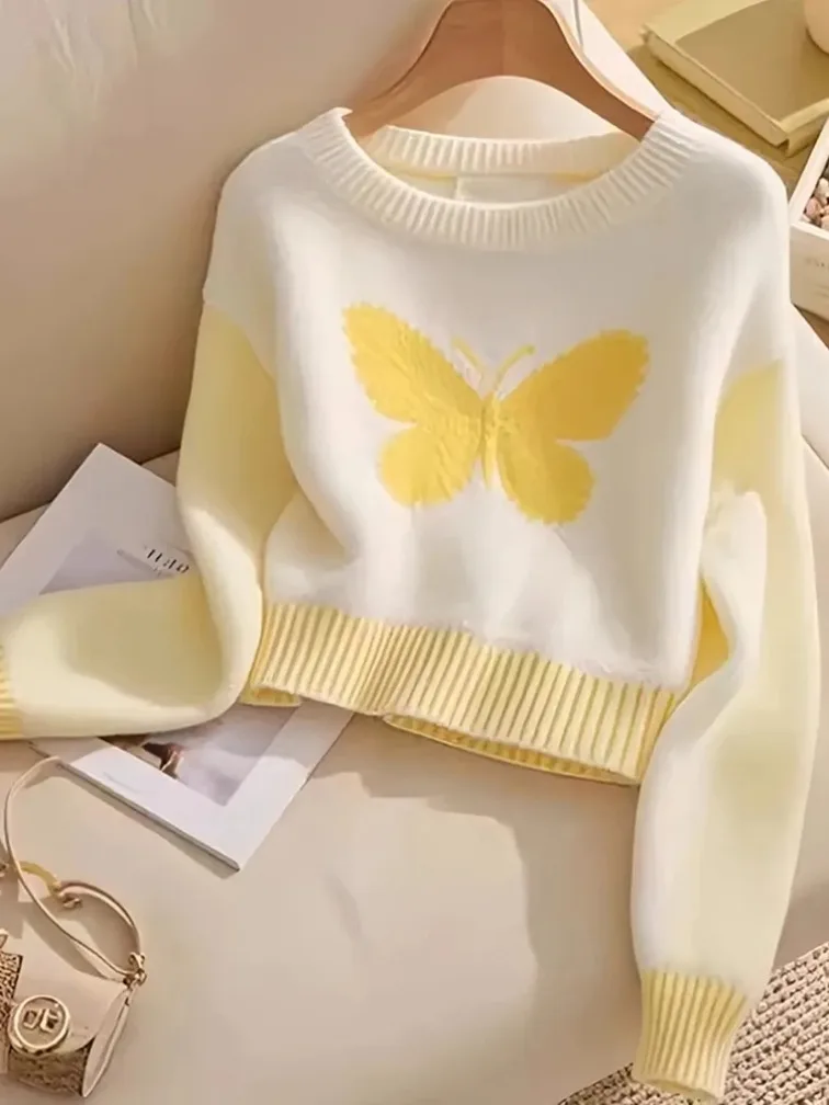 Neue Chic Schmetterling Drucken Pullover Frauen Weiche Koreanische Süße Gestrickte Jumper Top Mode Langarm Weibliche Casual O Neck Pullover