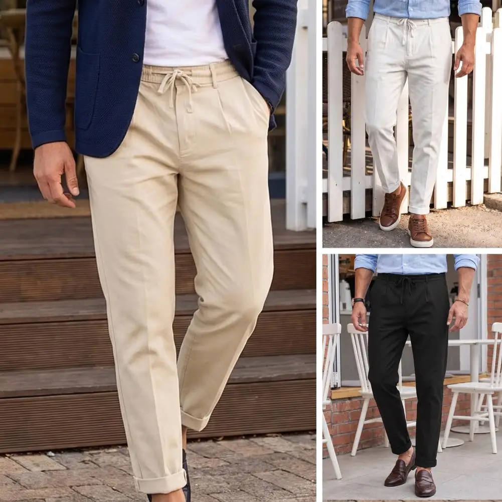 Comfortable Daily Wear Pants Men's Relaxed Fit Trousers Breathable Straight Leg Dress Pants Drawstring Office for Business