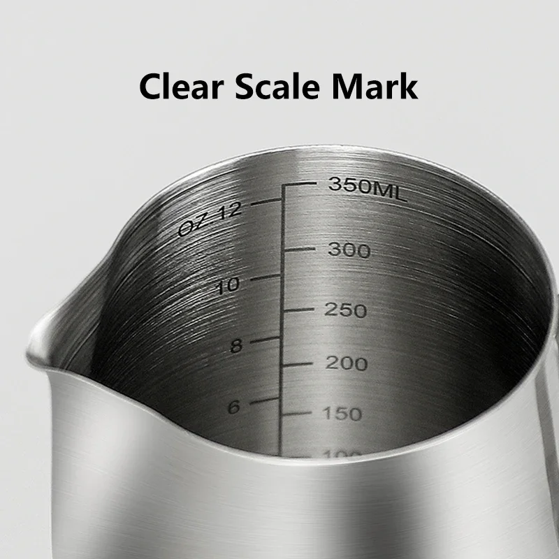 إبريق مزبد الحليب الاحترافي من الفولاذ المقاوم للصدأ 350 مل/550 مل - إبريق فني لاتيه مع علامات القياس وقلم فني، أداة قهوة باريستا