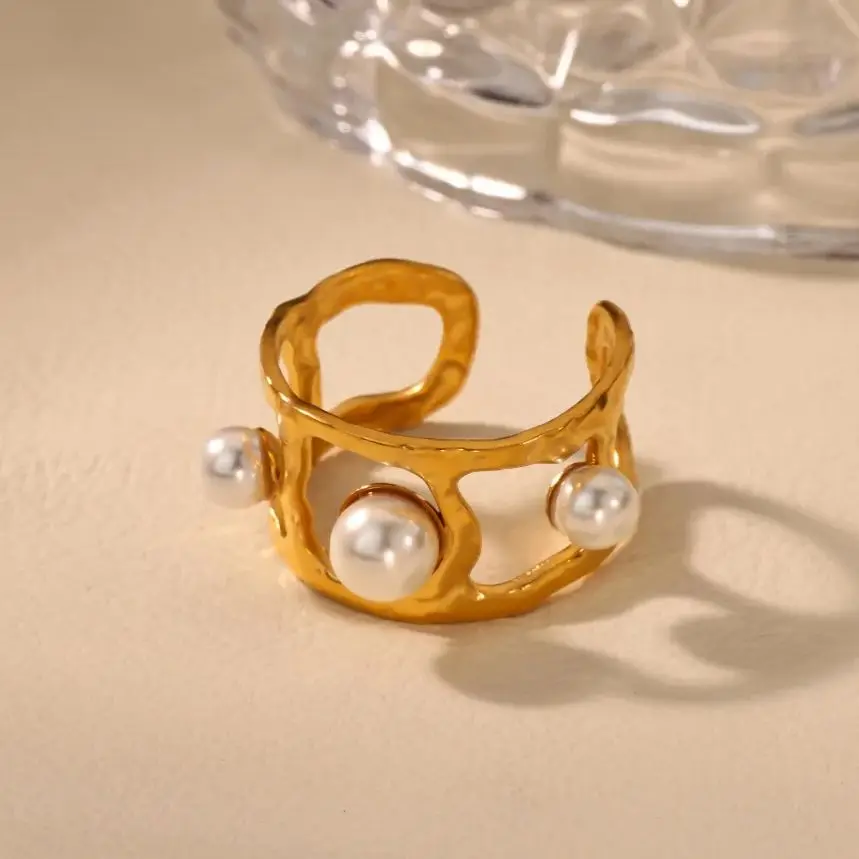 

Vintage Imitation Pearl Hollow Geometric Rings For Women 18K Gold Plated Stainless Steel Ring Christmas Party Jewelry Gift