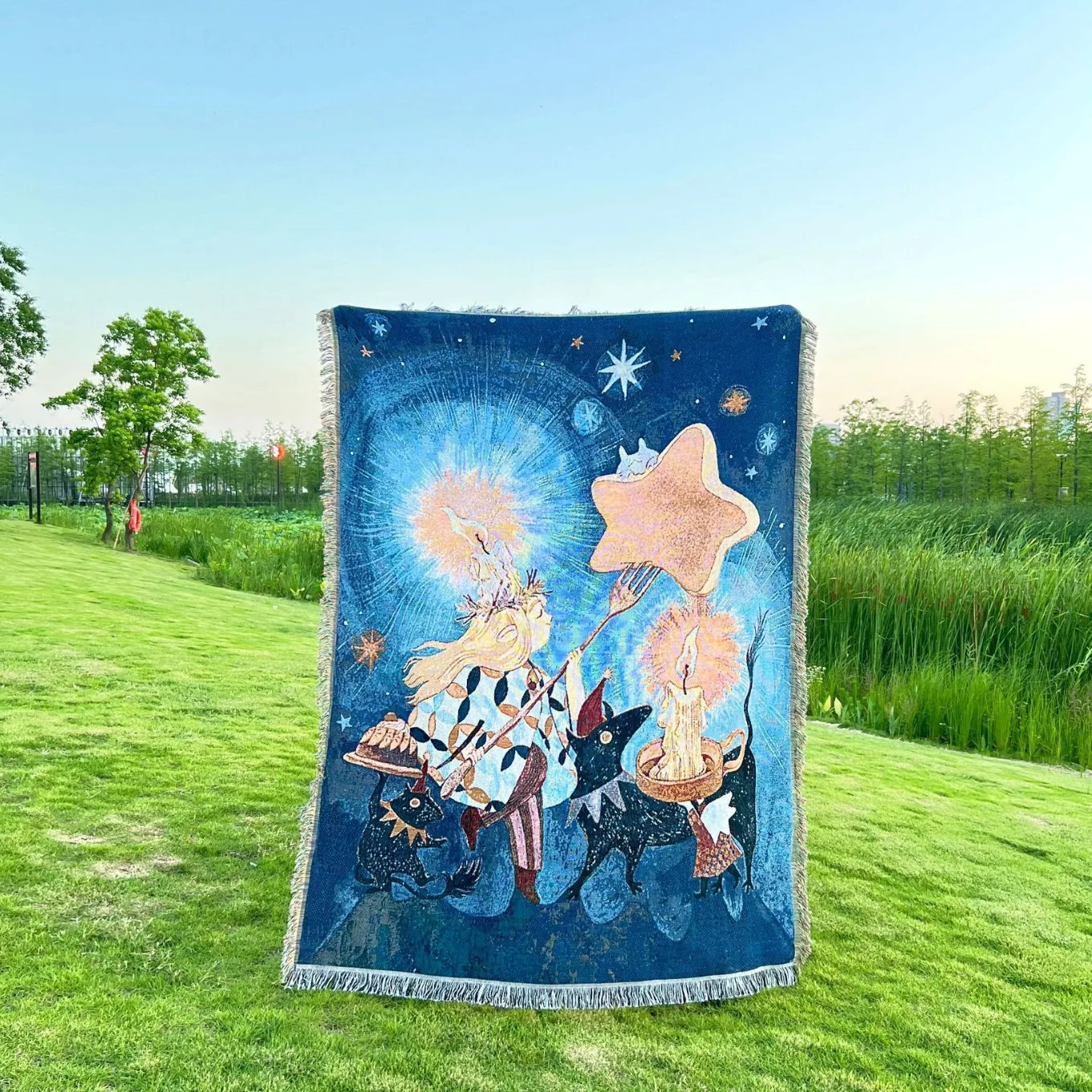 Fantasy Girl Tapestry Blanket Candlelight Witch Woven Throw with Starry Night Scene Mystical Boho Art Decor for Sofa and Bed