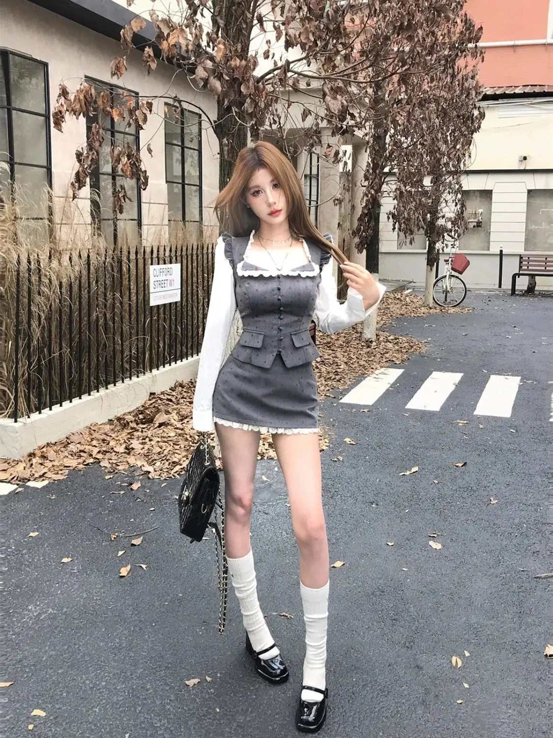 Winter Gray Vintage New Two Piece Set Women Kawaii Lace Tops+sweet Mini Skirt Female Korean Fashion Elegant Japanese Suit 2024