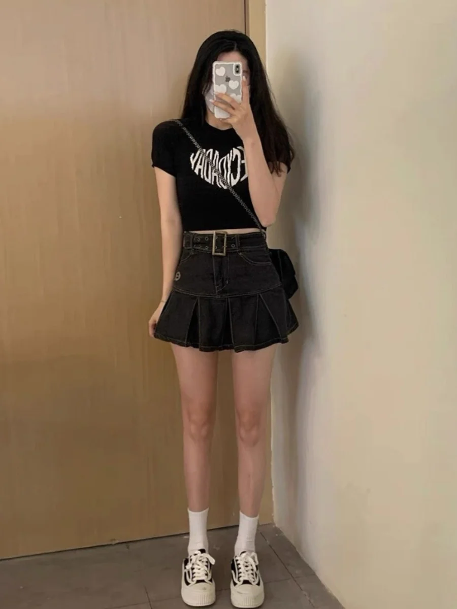 하이웨이스트 A라인 스커트 레트로 데님 플리츠 힙커버 롱 스커트 여성 여름 플러스 사이즈 디자인 센세이션 스파이시 걸