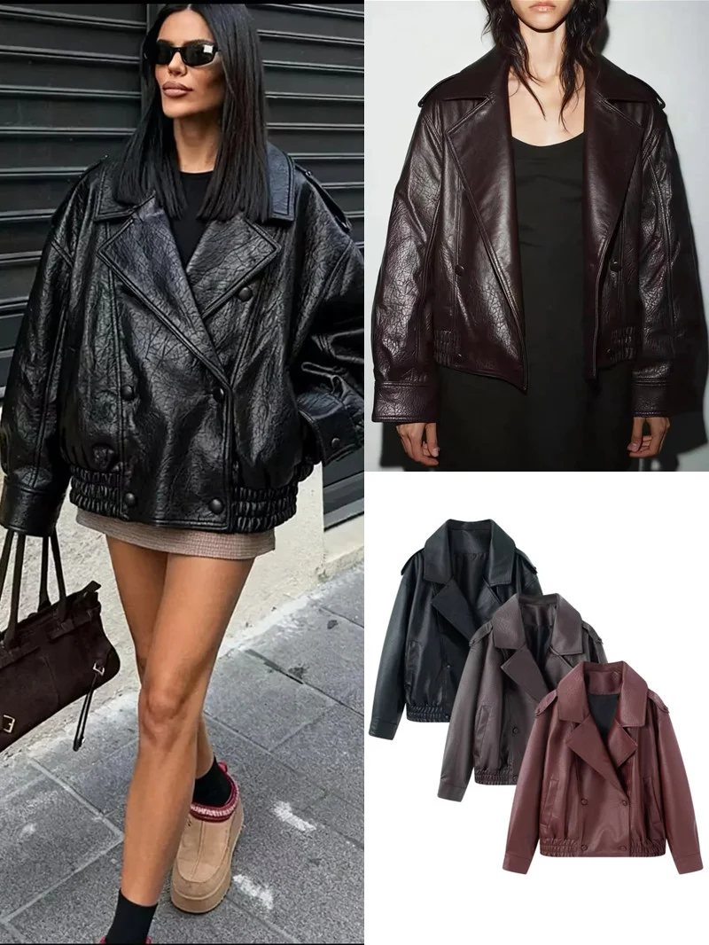 

Retro American Fashion Women's Long Sleeve Turn-down Collar Litchi Patterned Faux Leather Jacket Outerwear Autumn Winter New ...