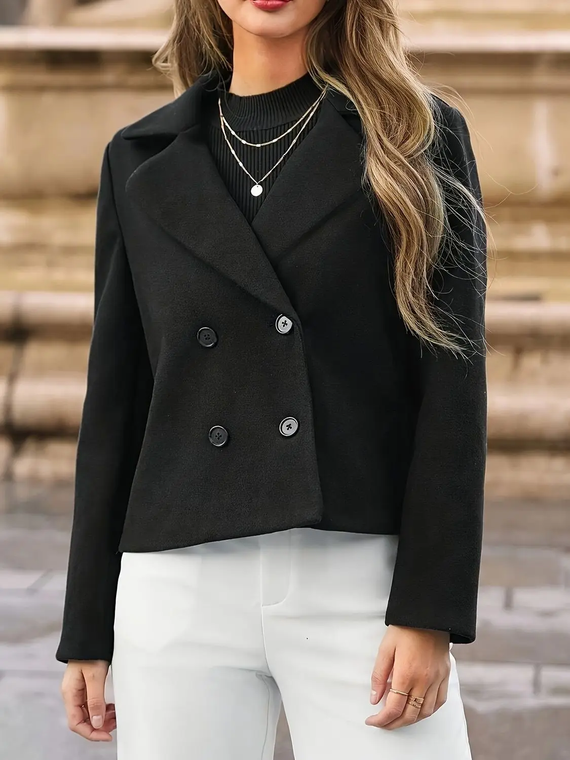 Ladies Fashion Black Double‑Breasted Blazer, French Vintage Casual Suit Jacket Outercoat Fall Winter