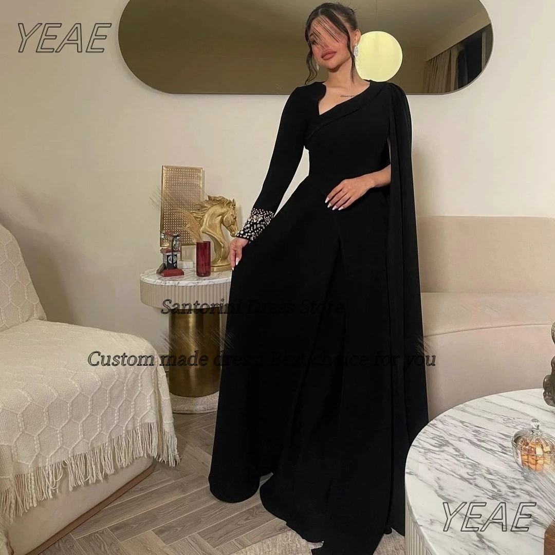 

Santorini Black Satin Prom Dresses Customized Long Sleeve Vestidos Des Noches A Line Wedding Party Evening Gowns'