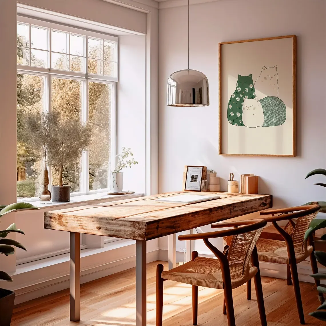 Minimal Cat Art Print, Green Floral Cat Illustration, Modern Whimsical Animal Poster, Cozy Scandinavian Wall Art, Cute Minimalis