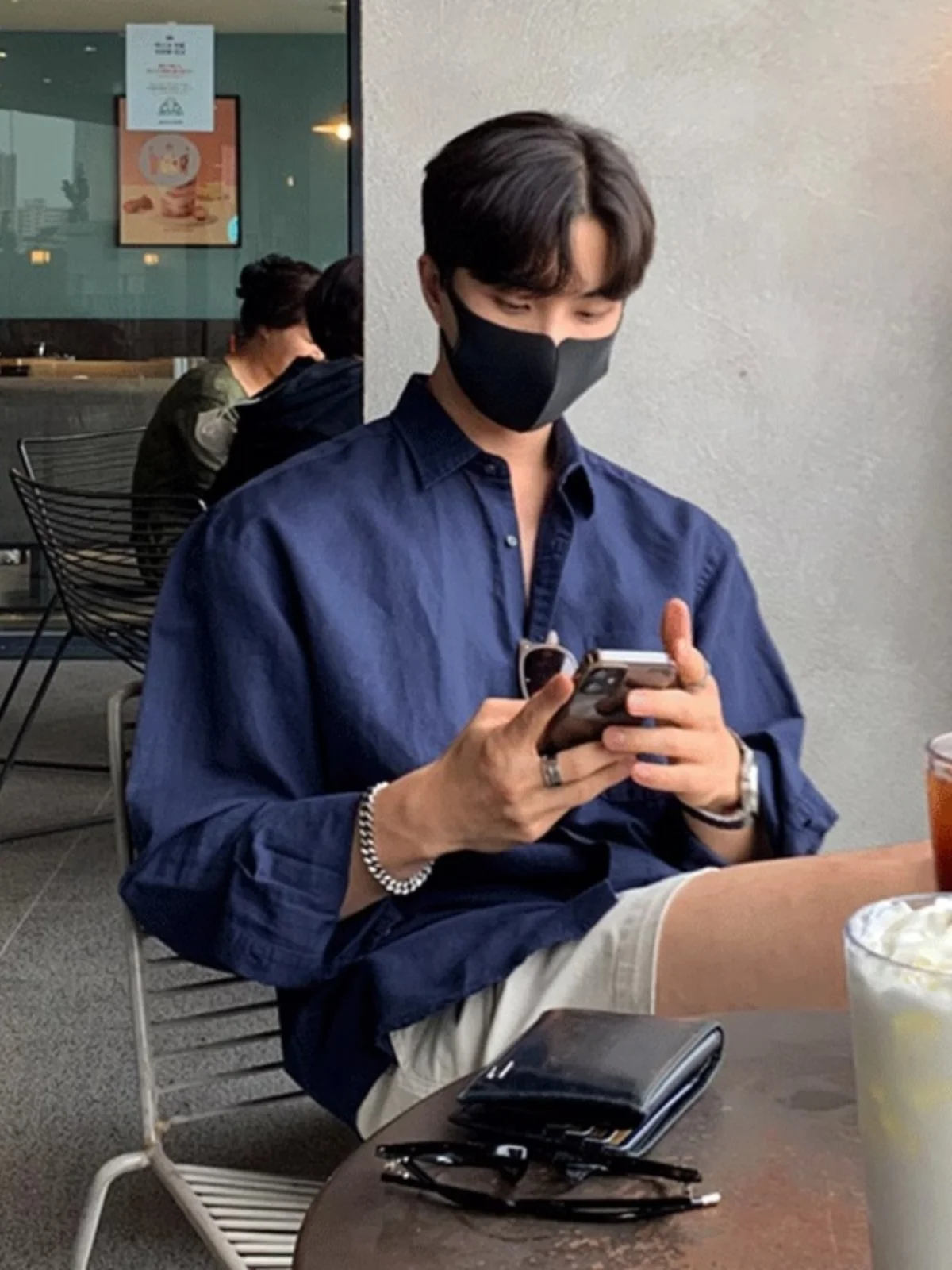 

Blue Casual Long Sve Men's irt Island Sle Korean Design Sensation High-End Feel Trendy Brand Spring Stand Fit Pure ...