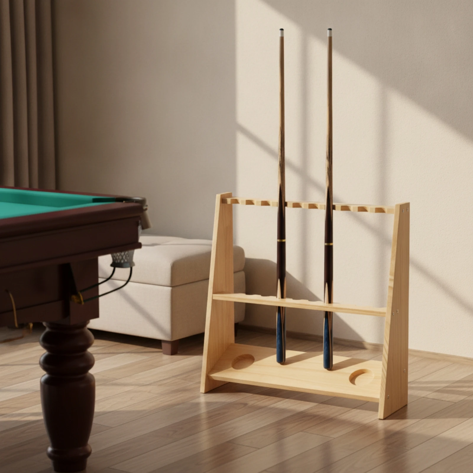 Trapezoid Cue Rack Solid Wood Pool Cue Holder with 10 Slots Floor Stand Wooden Furniture Sturdy for Game Room, Billiard Club
