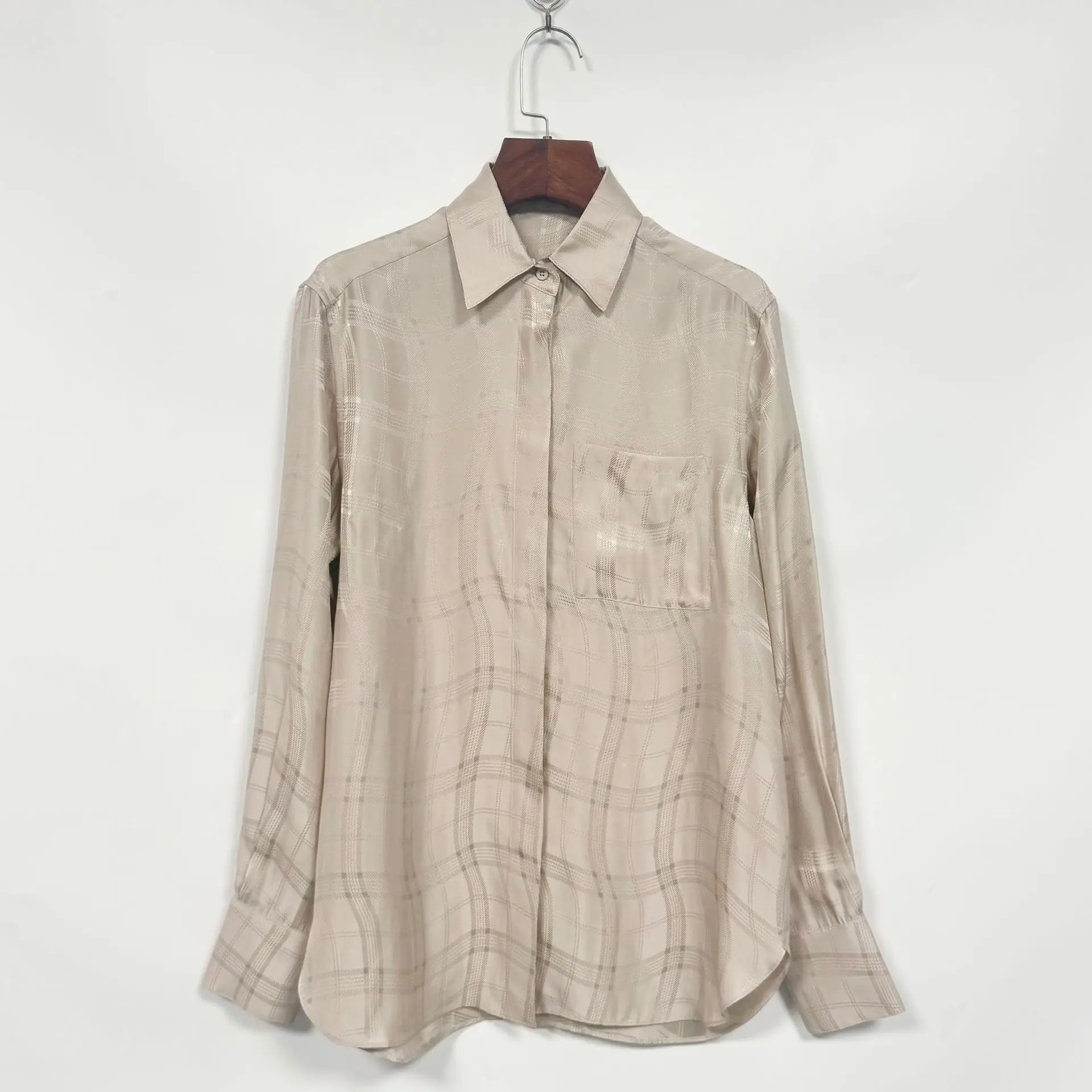 Dave&di Spring And Summer New Elegant Wave Grid Jacquard Mulberry Satin Silk Temperament Shirt Blouses Women's Clothes Shirts