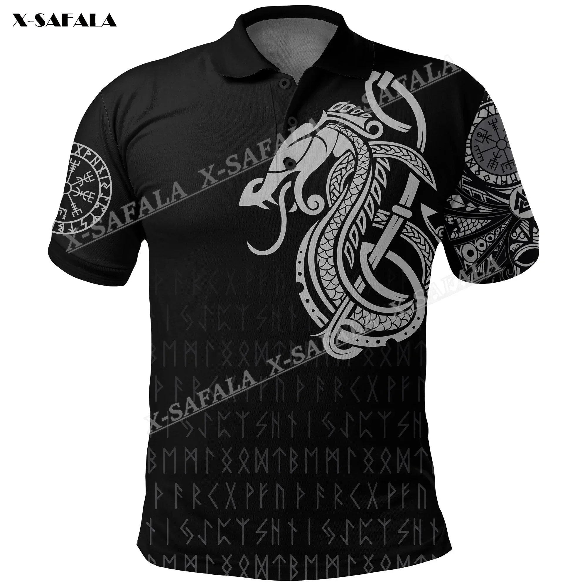 Viking Simple Dragon Vegvisir Tattoo Norway  3D Full Printed Men Thin Polo Shirt Collar Short Sleeve Street Wear Casual Tee