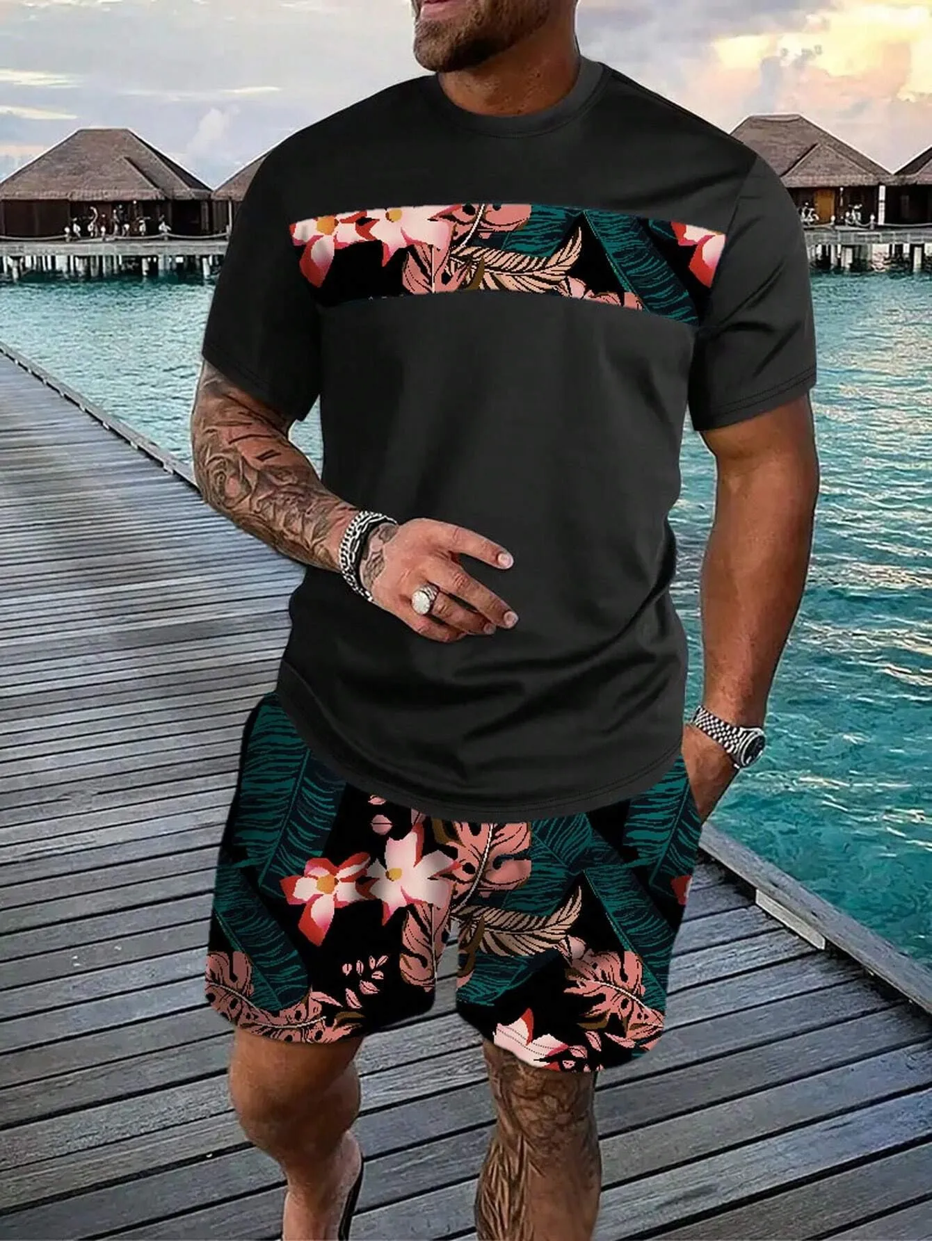 

2026 Summer New Men's Short-Sleeved Set with 3D Patterned Print for Street Casual Fashion Comfortable and Soft