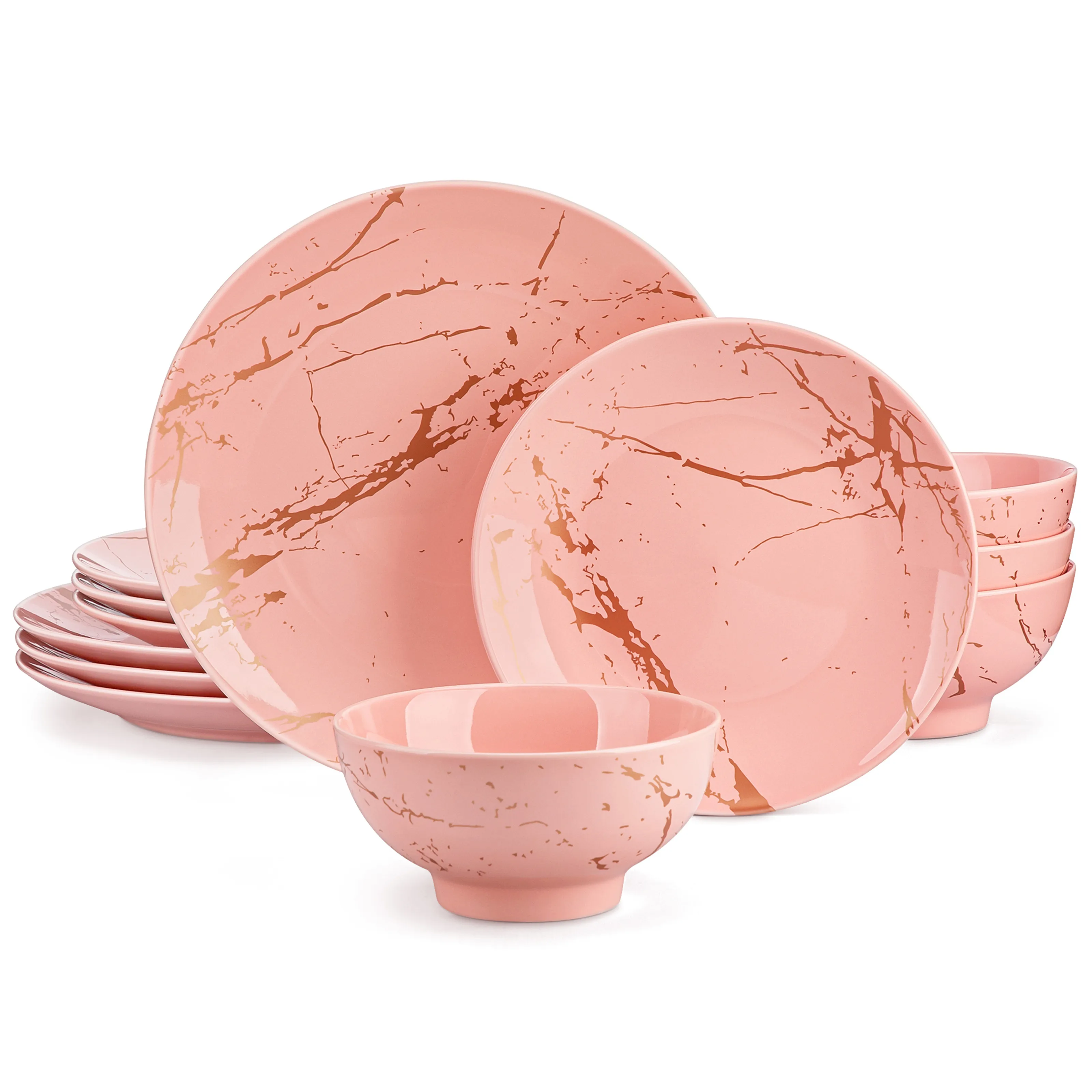 12-teiliges Rosa Dinner-Set für 4 Personen Daphne Reaktiv-Glasierte Geschirrsets Inklusive Teller und Schüsseln Spülmaschinen- und Mikrowellenfest