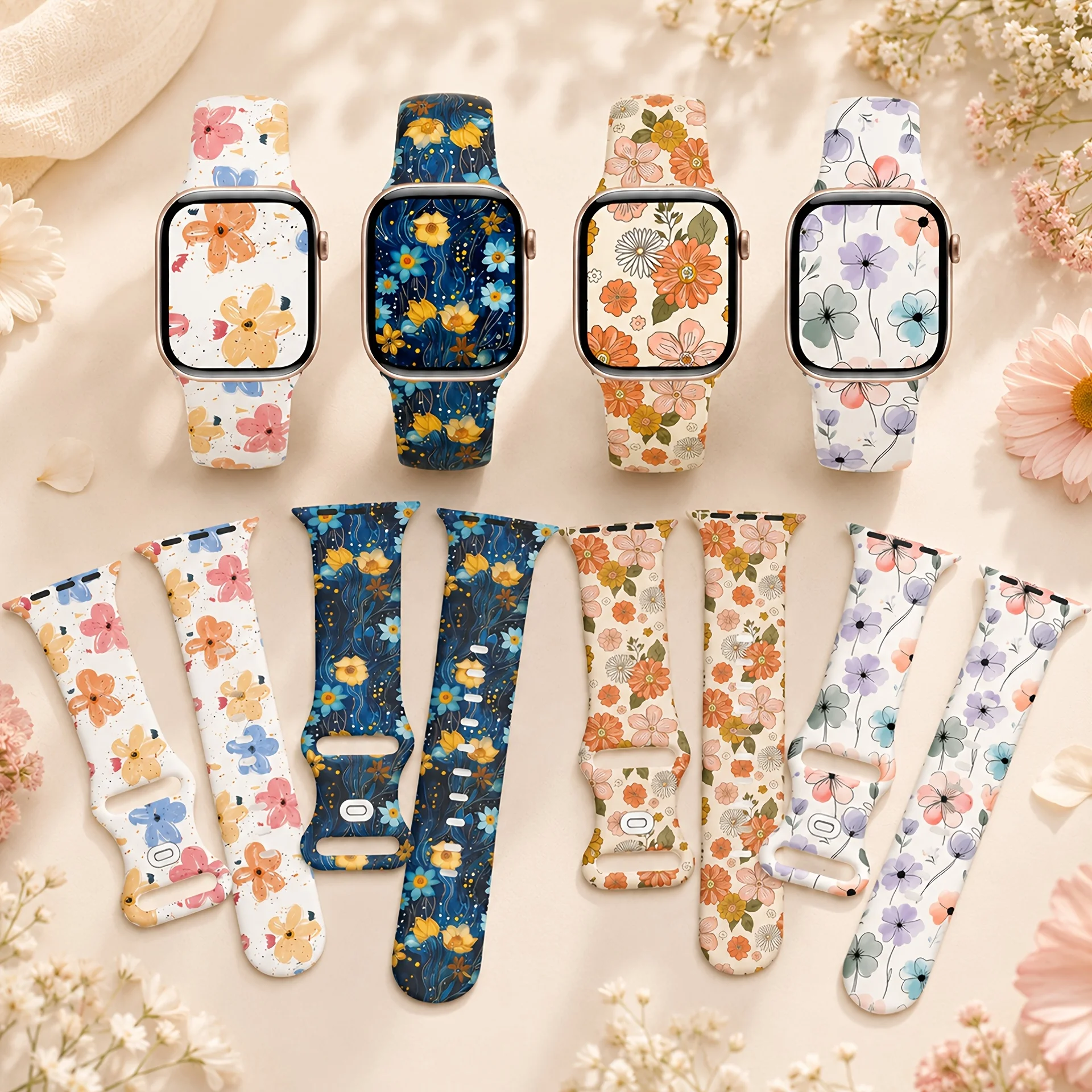 Colorful Flower Watch Band for Apple Watch 40/41/42/44/45/46/49mm, Soft, Comfort Silicone Strap, for iWatch Series11 10 987 654