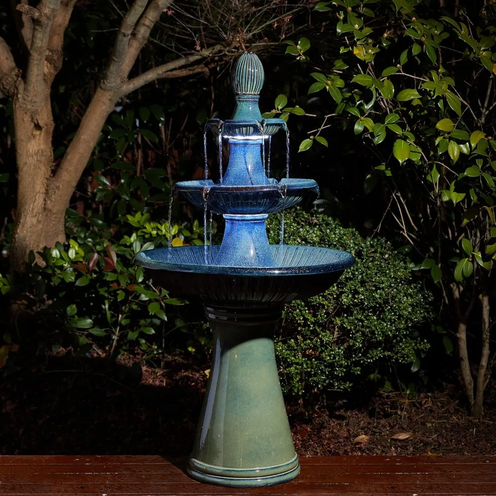 45.25 Inch High Waterfall Fountain with Water Pump and LED Lights, Large Floor Standing, Outdoor 3-story Ceramic Fountain