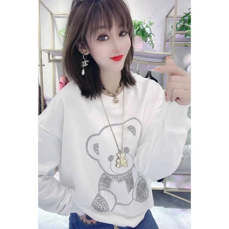 

Women Sweatshirts Autumn and Winter European Diamond Embedding Bear Coat Versatile Loose Pullover Long Sleeve Sweatshirt Top