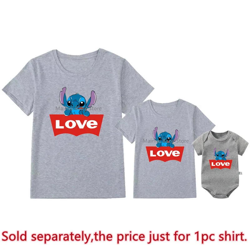 New Disney Stitch Love Print Family Matching Shirts Cotton Dad Mom Kids Tshirts Funny Look Disneyland Trip Outfits Clothes Gifts