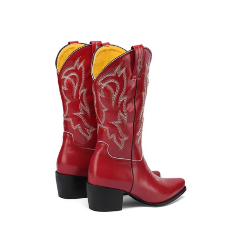 2025 Cowboy Boots For Women Pointed Toe Wide Calf Western Boots Zip Embroidered Stacked Heel Wedding Spring Shoes