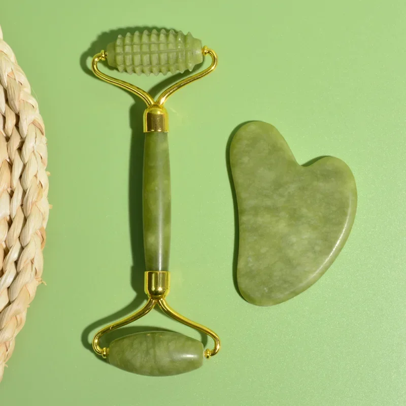 Massageador Facial Natural Jade, Rolo Rosto, Gua Sha Raspador, Cabeças Duplas, Rolo De Pedra De Jade, Cuidados Com A Pele, Massagem Jade para O Corpo Do Rosto