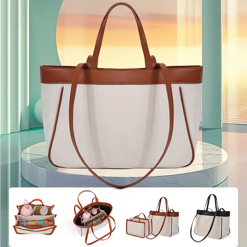 Brown And White Contrast Tote-Style Fashion Diaper Bag-Handheld Large-Capacity Baby Organizer Bag Versatile Mom Storage Bag