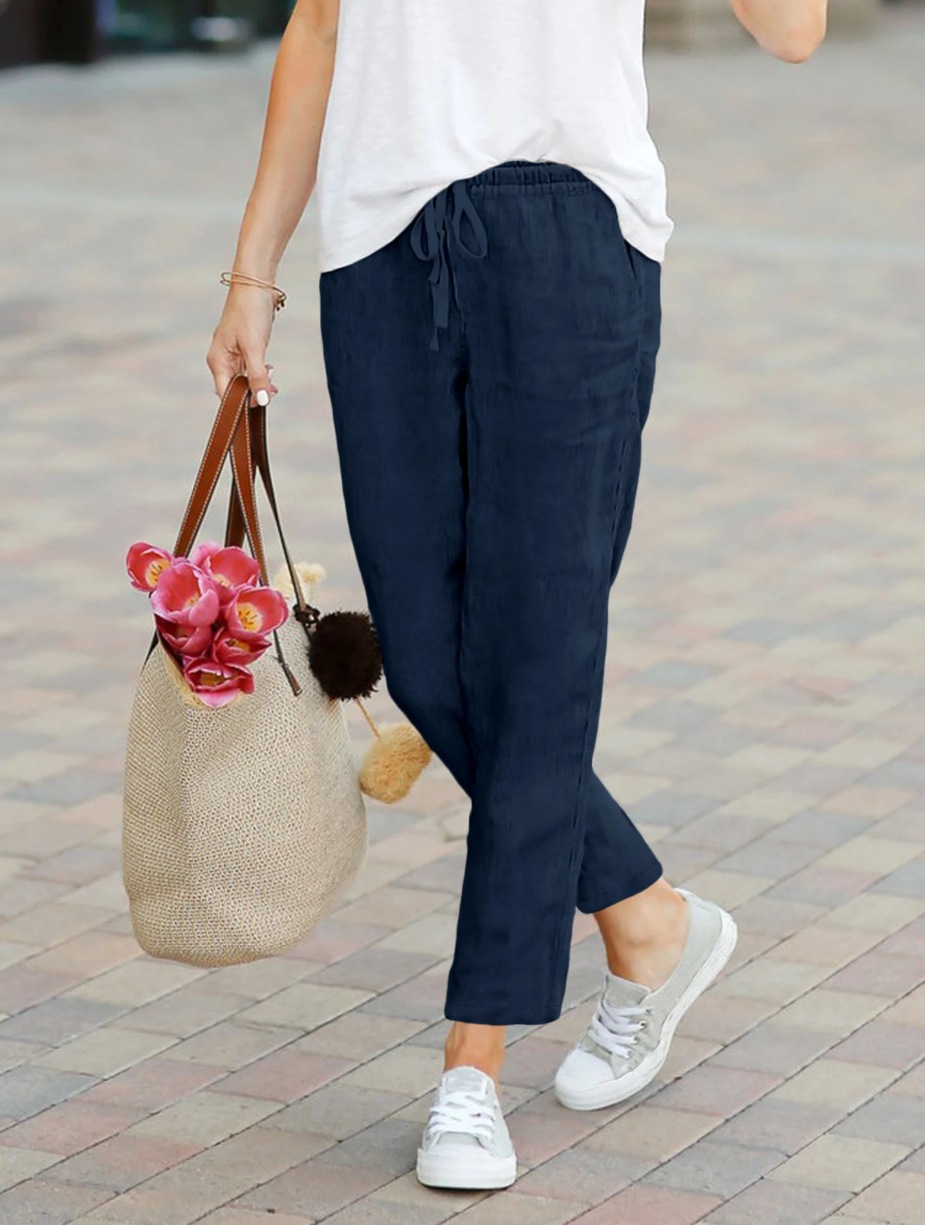 Lässige, einfarbige, lange Hosen für Damen, elastische Taille mit Kordelzug, bequeme Damenhose, hochwertige Alltagsoutfits – Detail 6