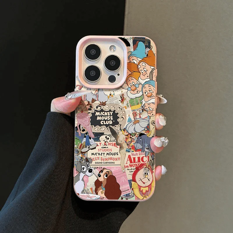 Disneys Family Newspaper Fashion TPU Imitation Leather Phone Case for IPhone 16 Plus 15 14 13 12 11 Pro Max Shock-absorbing