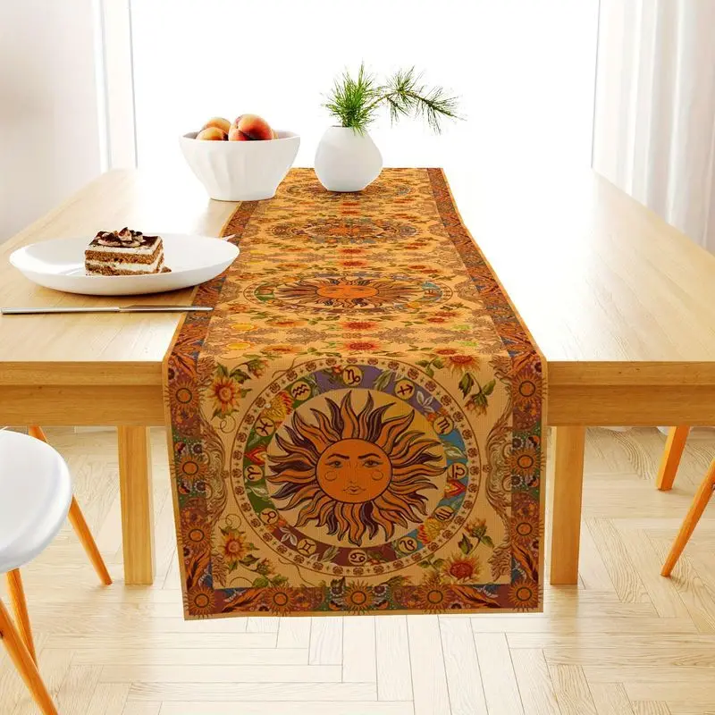 VIKAMA Boho Sun Zodiac Table Runner Vintage Astrology Floral Mandala Print Tablecloth Ethnic Home Dining Table Decor