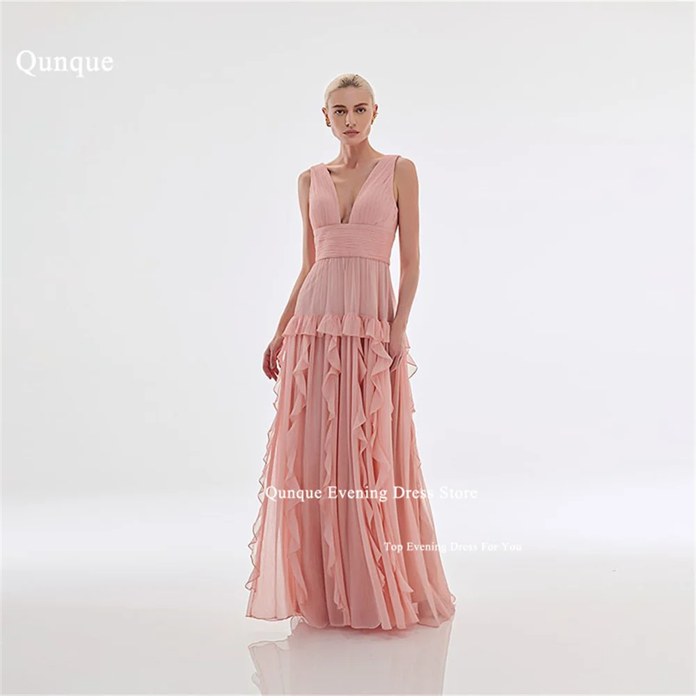 

Qunque V-neck Sleeveless Prom Dress Coral Pleat Cocktail Gown Graceful Chiffon Floor Length Ruffles Evening Dress Robe De Mariée