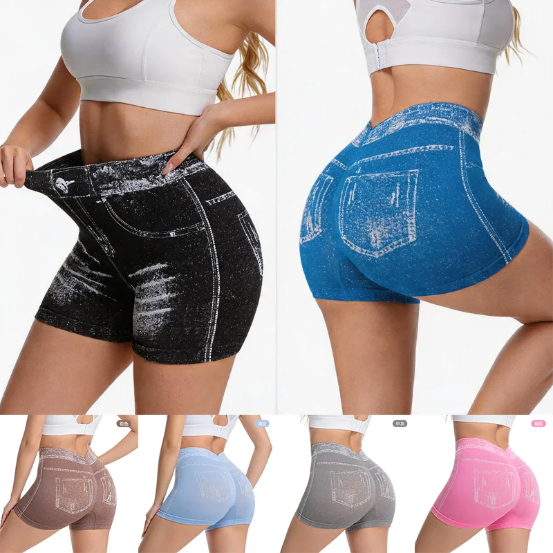 

3PCS Women Elastic Sports Yoga Pants V back Shorts Faux Jeans Butt Lifting Leggins Skinny Gym Fitness Athletic Short Tights