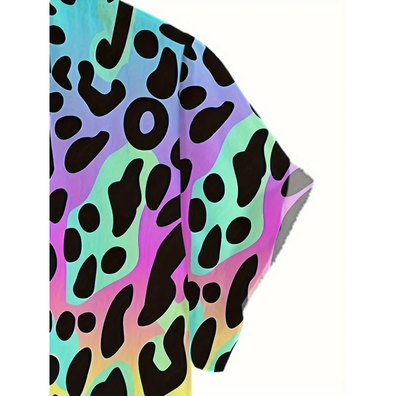 Camicia casual estiva in poliestere traspirante - Colletto abbottonato sfumato con stampa leopardata da uomo per le vacanze al mare, lavabile in lavatrice