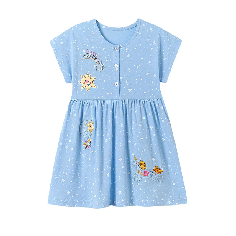 Sommer Mädchen Kleid 2-7T Kurzarm Kostüm Stickerei Applikation Sterne Baby Mädchen Party Geburtstag Kleid mit Knöpfen Kinder tragen