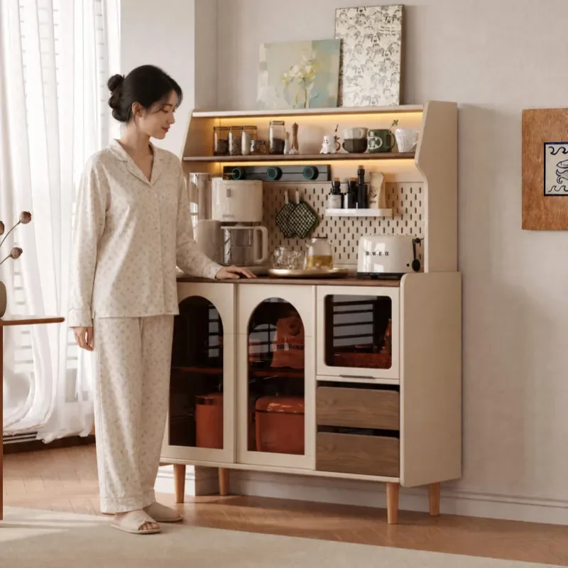 Wall Mounted Side Cabinet with Track Socket and LED Light High Storage Unit with Pegboard for Small Apartment Kitchen Tea