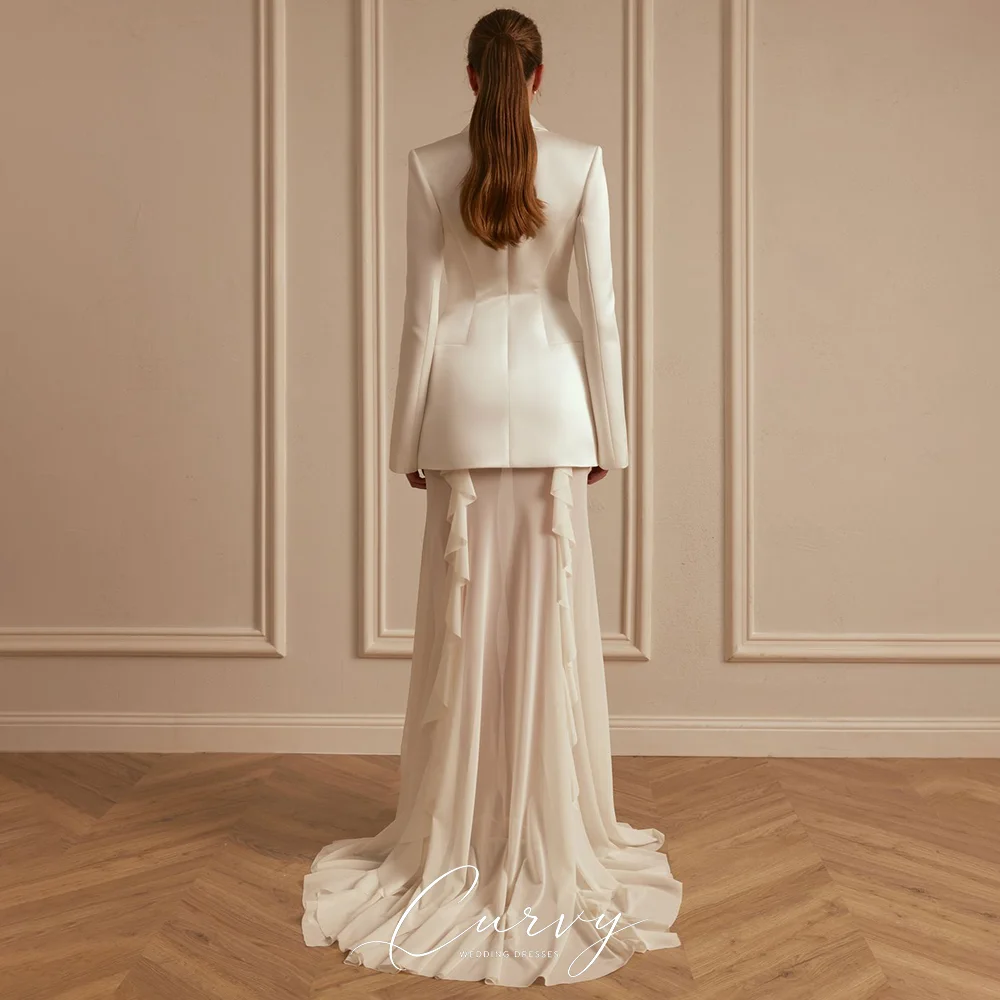 Curvy Chic Minimal Two Piece Wedding Dress Deep V-Neck Pearl Bead Split Cuff Sleeve Side Ruffle Chiffon Customized for Women