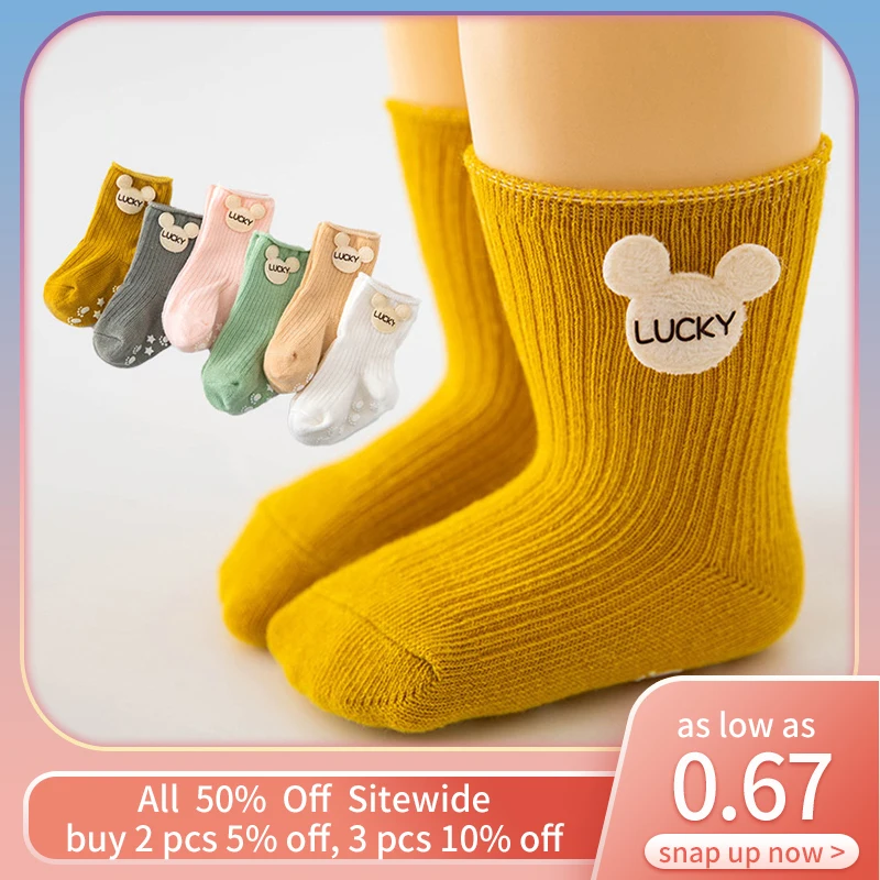 Cartoon Bear Baby Socks Spring Autumn Warm Toddler Knit Sock Solid Color Cotton Sweat-Absorption Breathable Sokken Newborn Socks