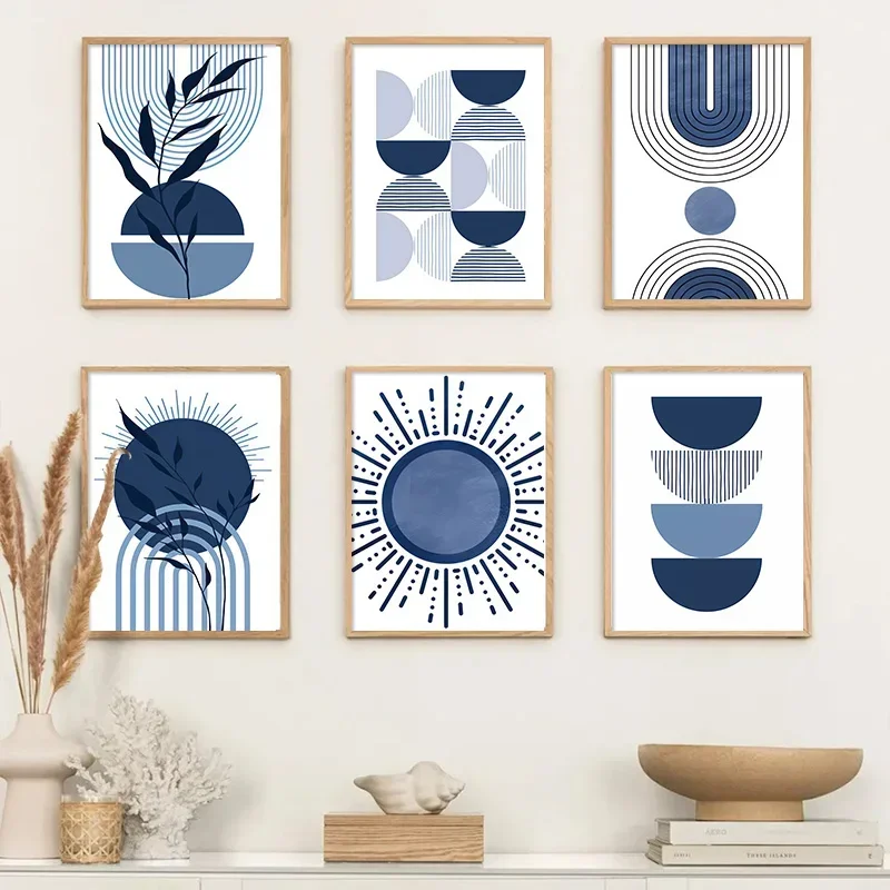 Abstract Modern Canvas Painting Nordic Wall Art Boho Blue Print Sun Geometric Line Leaf  Posters Decor Pictures for Living Room