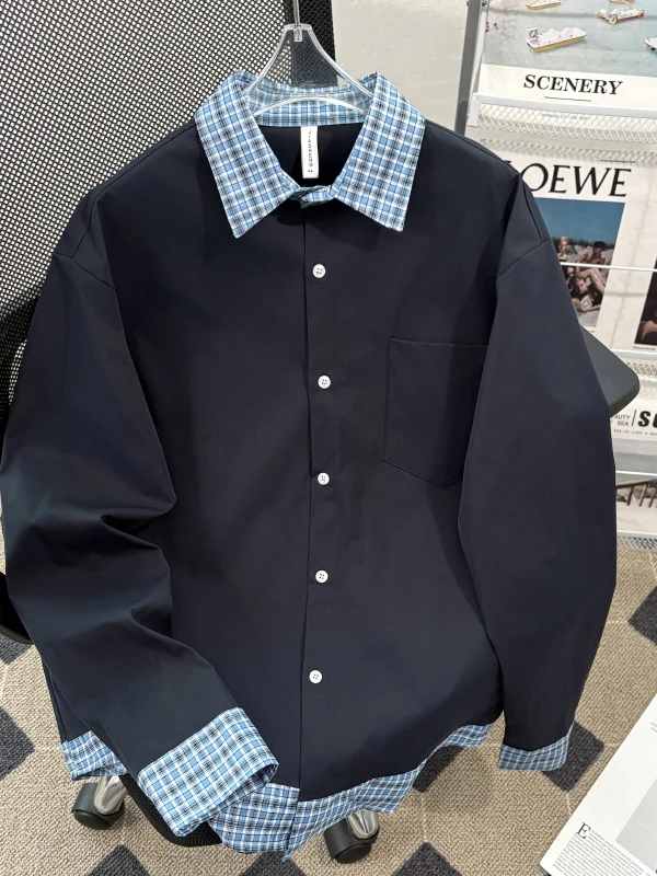 

Men's Plaid Splice Long Sve Casual irt Loose Fit American Sle Autumn Trendy Design Outerwear False Two-Piece irt