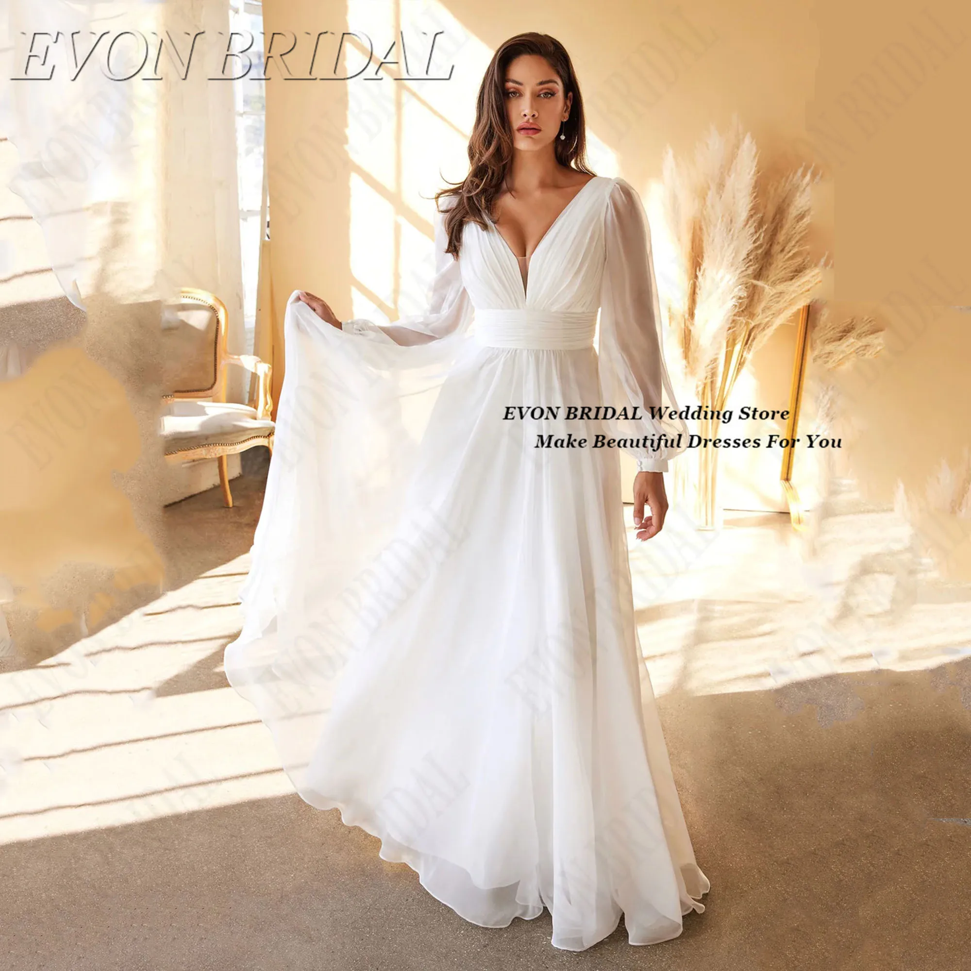 

EVON BRIDAL long-sleeve Bridesmaid Party Dress Chiffon Backless Celebrity Dresses Red Carpet Simple Evening Gown Customized