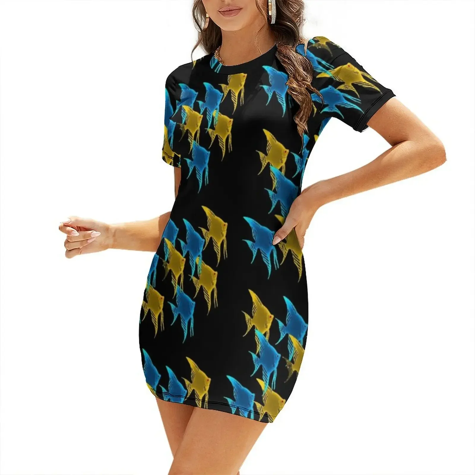 

Albino Angelfish Scalare and Blue Angelfish Scalare Short-Sleeved Dress sexy dress Party dresses cocktail dresses