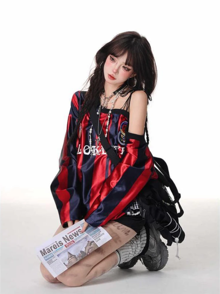 HOUZHOU Vintage Y2k Striped Women T-shirt Sexy Off Shoulder Oversize Sports Tee Blokecore Long Sleeve Red Top Harajuku Aesthetic