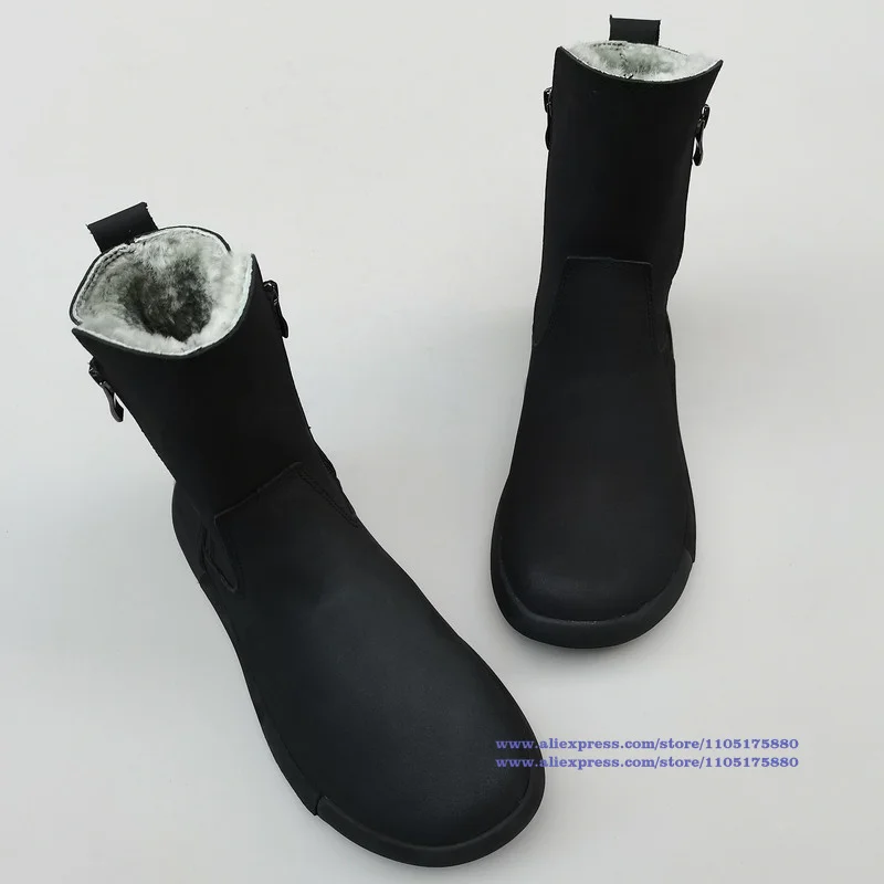 Black Leather Men's Snow Boots Side Zipper Soft Leather Soft Sole High Top Boots Winter Trendy Handmade Men's Shoes Botas Mujer