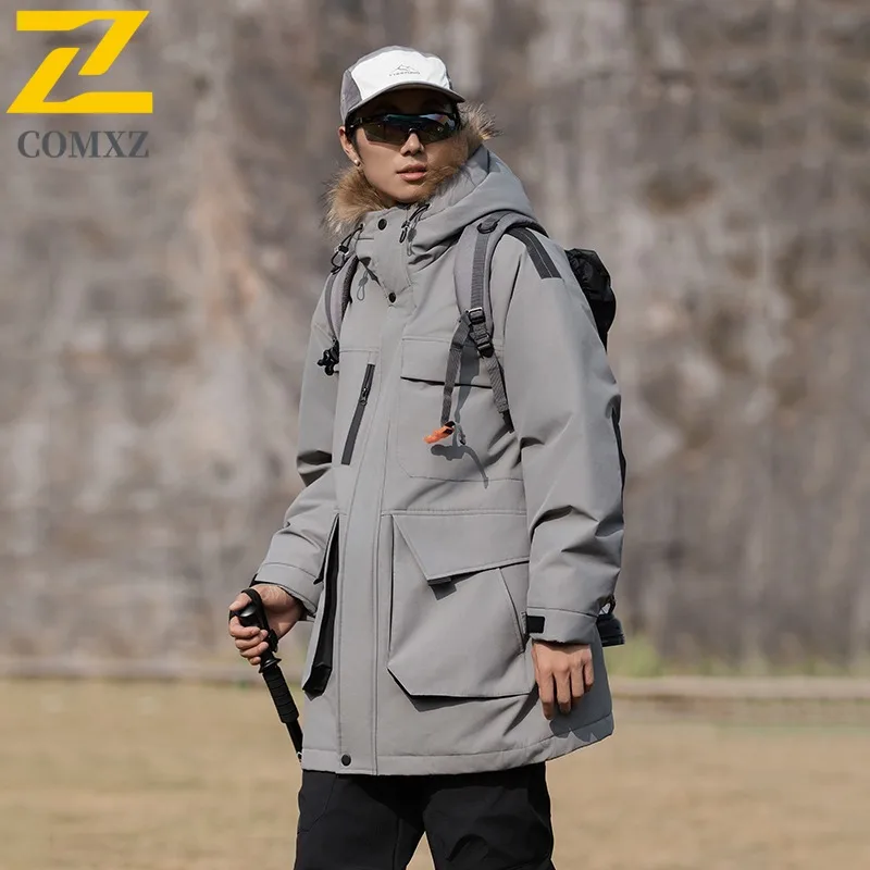 COMXZ Men Hardshell Puffer Jacket New Hooded Climbing Cold Protection Down Coat 90 Percent White Duck Down Windproof Autumn Coat
