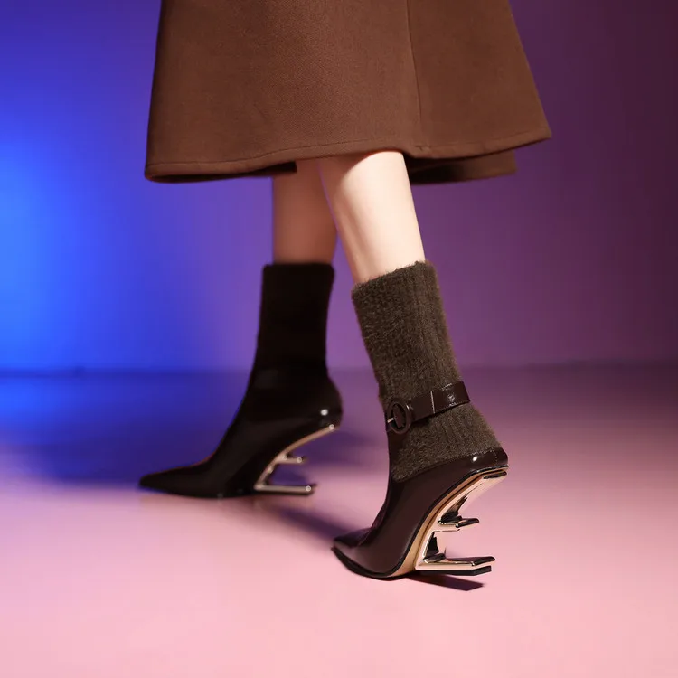 Women Top Layer Cow Leather Pointed Ankle Boots Faux Mink Plush Sock Tube Buckle Strap Unique Cutout Heel Winter Dress BootsF653