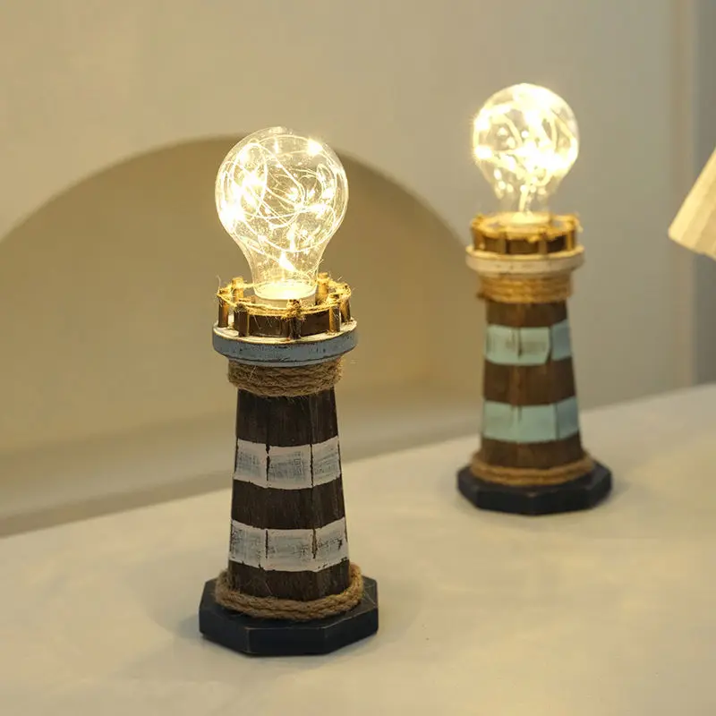 

Mediterranean Style Wooden Lighthouse Ornaments Creative Retro Desktop Jewelry Luminous Home Ornaments Old Gift Decoration