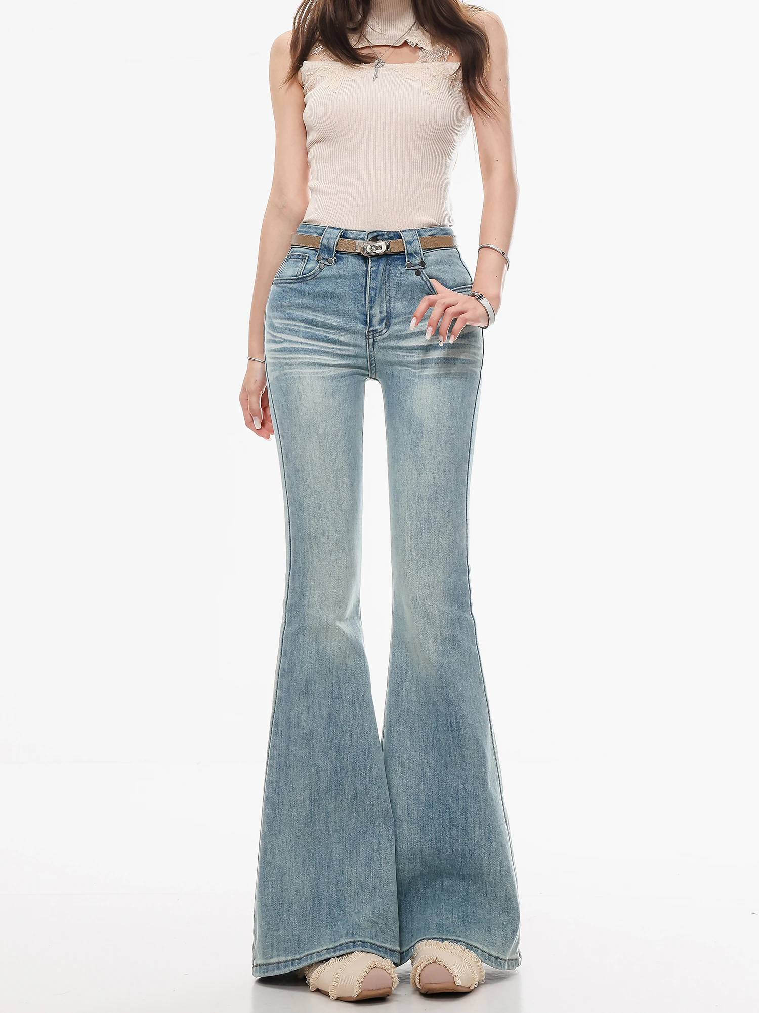 

Джинсы-клеш светло-голубого цвета Slim Fit для женщин, оригинальный корейский стиль, ретро, синие, удлиненные, джинсовые брюки ABWLR, визуально удлиняющие ноги