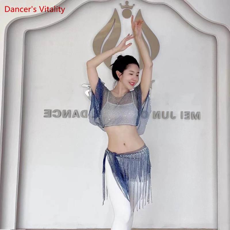 Top de disfraz de danza del vientre para mujer, top de malla con piedras ostentosas, ropa de baile Oriental para niña