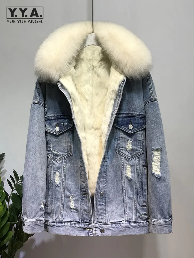 

Зимняя утепленная теплая женская однобортная куртка с воротником из лисьего меха, джинсовая верхняя одежда с шерстяной подкладкой, женское пальто средней длины с широкой талией